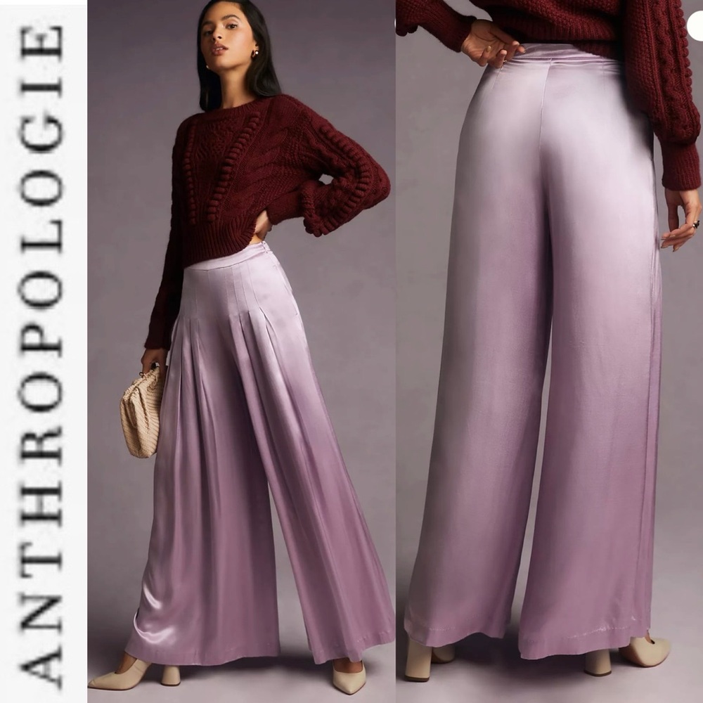 NEW Anthropologie Pleated Shine Satin Lilac Wide Leg Pants 0